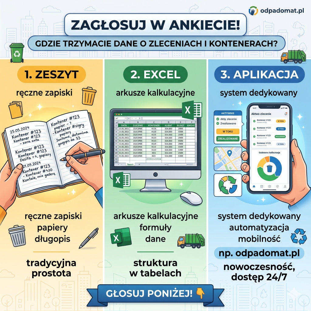 Infografika: Zeszyt vs Excel vs Aplikacja Odpadomat.pl - porównanie metod zarządzania firmą wywozową