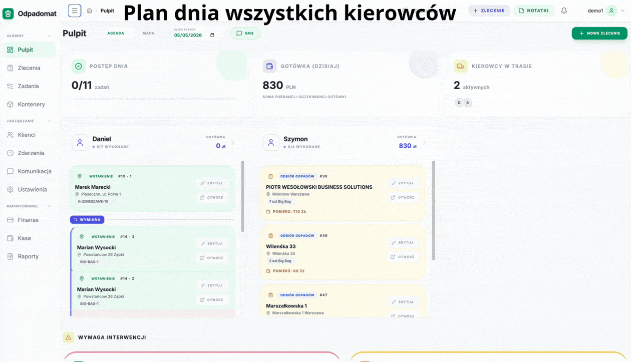 Planowanie dnia i logistyka wywozu odpadów w panelu dyspozytora